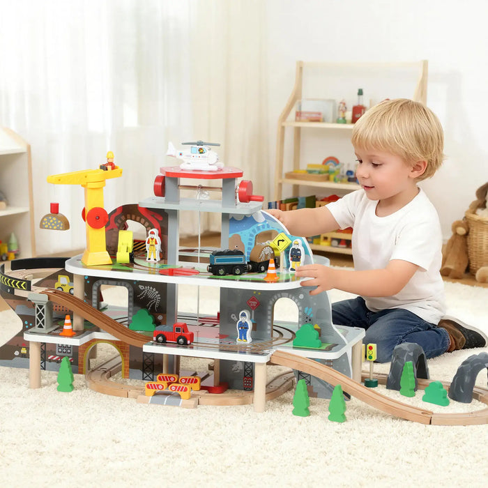 79-Piece Wooden Train Set – Mine Adventure | Manual Lift, Crane and Helipad AIYAPLAY - Little and Giant Explorers