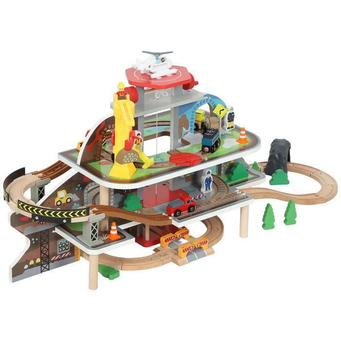 79-Piece Wooden Train Set – Mine Adventure | Manual Lift, Crane and Helipad AIYAPLAY - Little and Giant Explorers