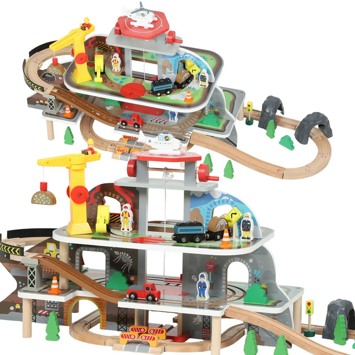 79-Piece Wooden Train Set – Mine Adventure | Manual Lift, Crane and Helipad AIYAPLAY - Little and Giant Explorers