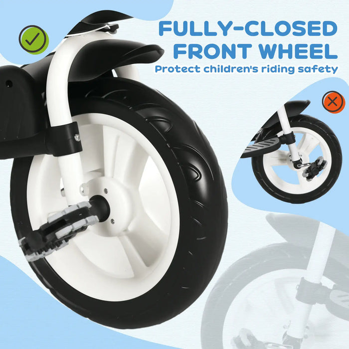 Close-up of a children's balance bike with a fully-closed front wheel feature on a light blue background.