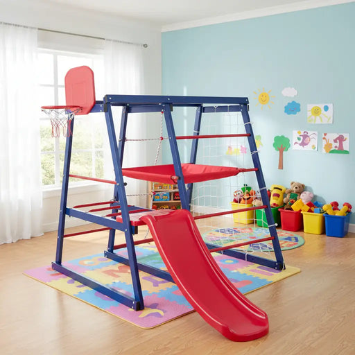 Indoor kids jungle gym set with red slide, basketball hoop, and climbing net in playroom