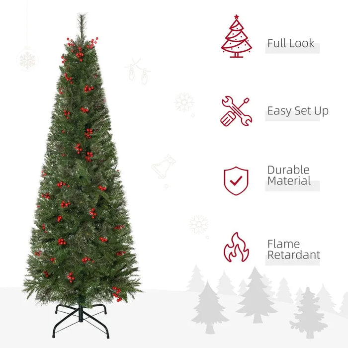 7FT Pencil Artificial Christmas Tree with Realistic Branches and Red Berries - Little and Giant Explorers HOMCOM