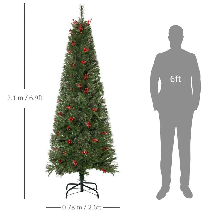 7FT Pencil Artificial Christmas Tree with Realistic Branches and Red Berries - Little and Giant Explorers HOMCOM