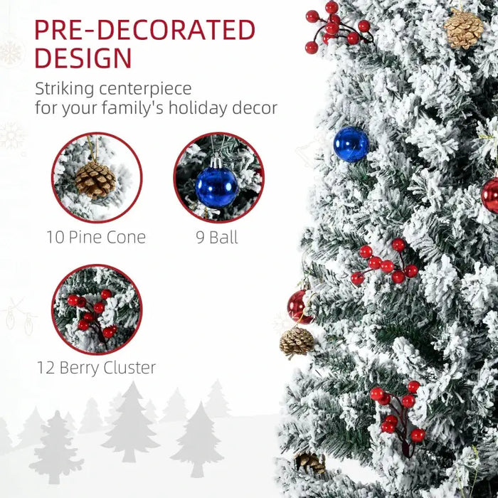 7ft Pre-Lit Artificial Christmas Tree | Snow-Flocked with Pine Cones, Berries, Baubles and 250 LED Lights HOMCOM - Little and Giant Explorers HOMCOM