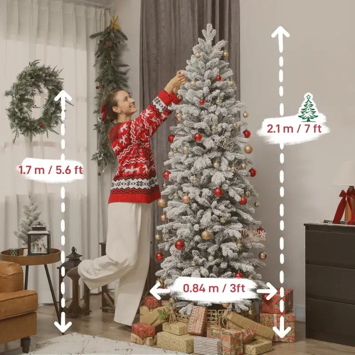7ft Slim Artificial Christmas Tree | Snow-Flocked Finish - 972 Branch Tips HOMCOM - Little and Giant Explorers HOMCOM