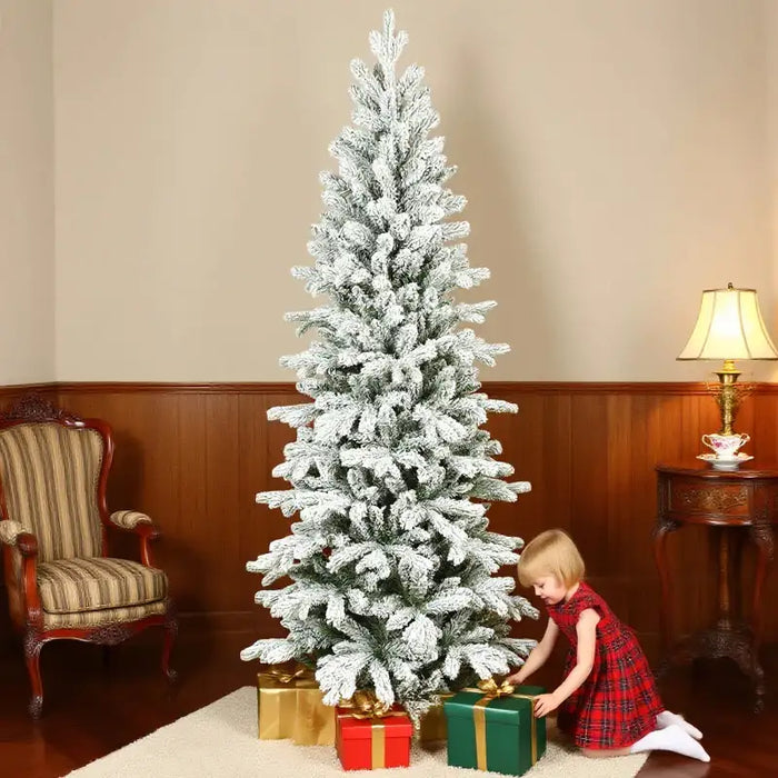 7ft Slim Artificial Christmas Tree | Snow-Flocked Finish - 972 Branch Tips HOMCOM - Little and Giant Explorers HOMCOM