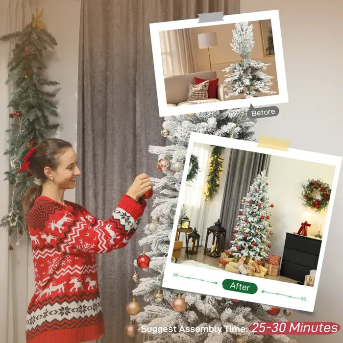 7ft Slim Artificial Christmas Tree | Snow-Flocked Finish - 972 Branch Tips HOMCOM - Little and Giant Explorers HOMCOM