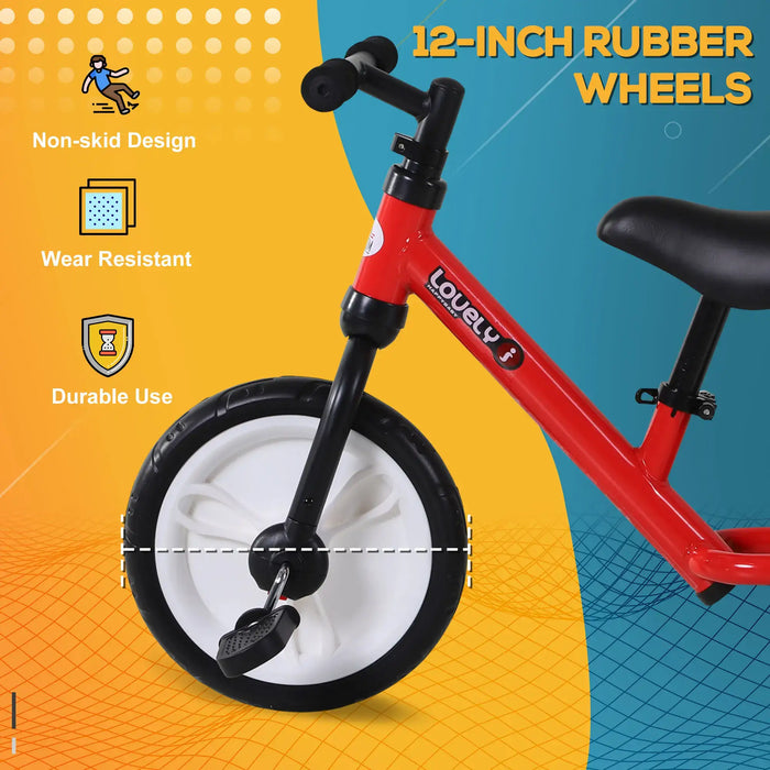 Red balance bike with 12-inch black rubber non-skid wheels, durable and wear-resistant design