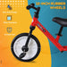 Red balance bike with 12-inch black rubber non-skid wheels, durable and wear-resistant design