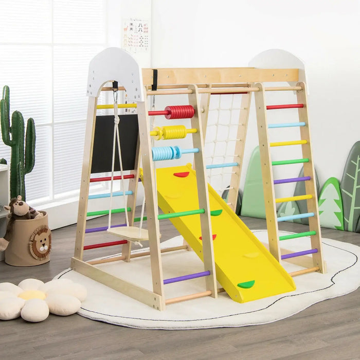 Children's play structure with slide and swing in a room setting