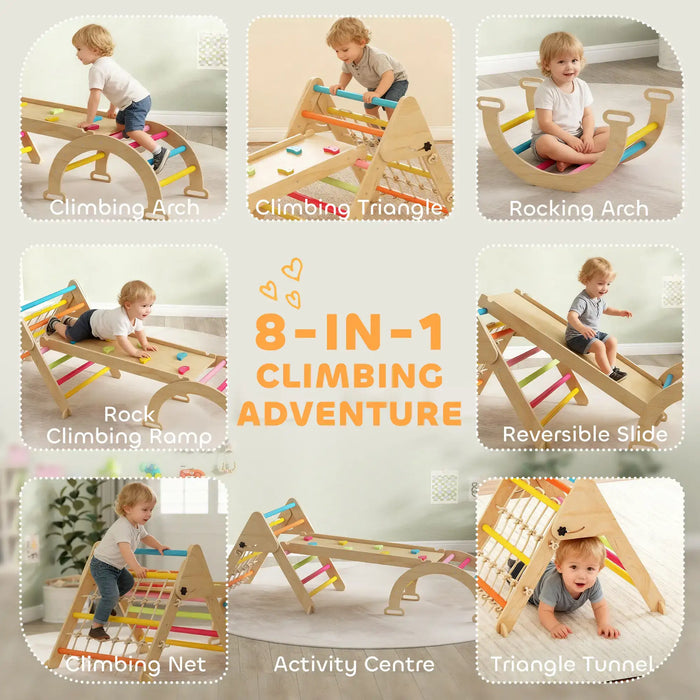 Collage of a child playing with an 8-in-1 climbing adventure toy set.