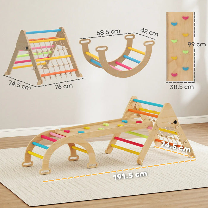 Wooden children's play structure with colorful accents, shown with measurements on a plain background.