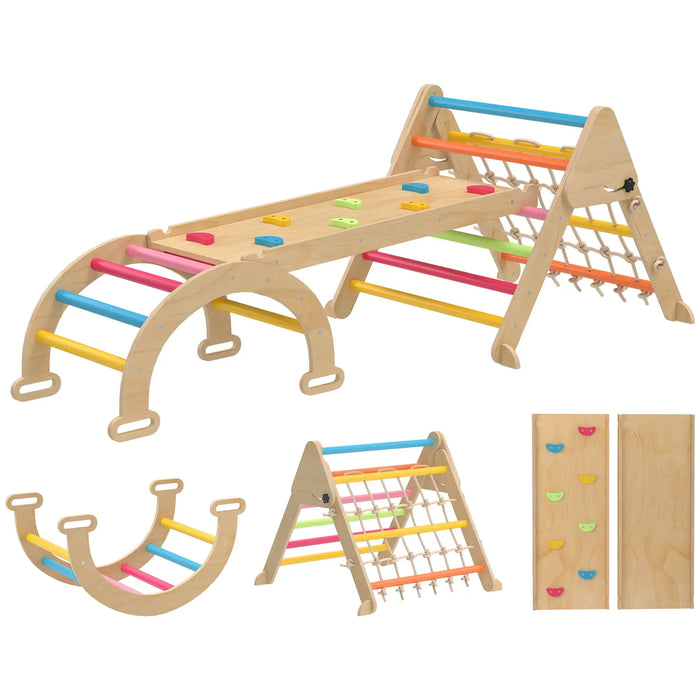 Set of wooden climbing toys with colorful bars and steps on a white background