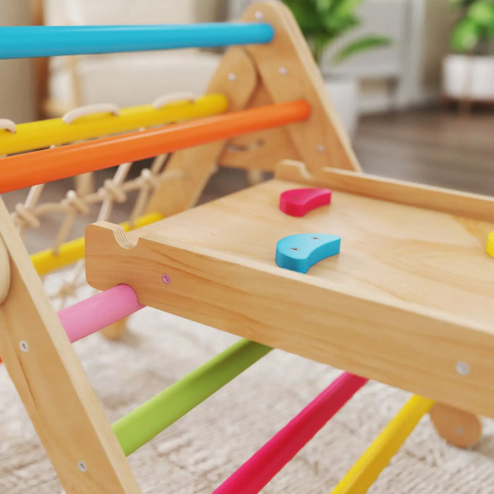 Wooden toy with colorful bars and blocks on a blurred indoor background
