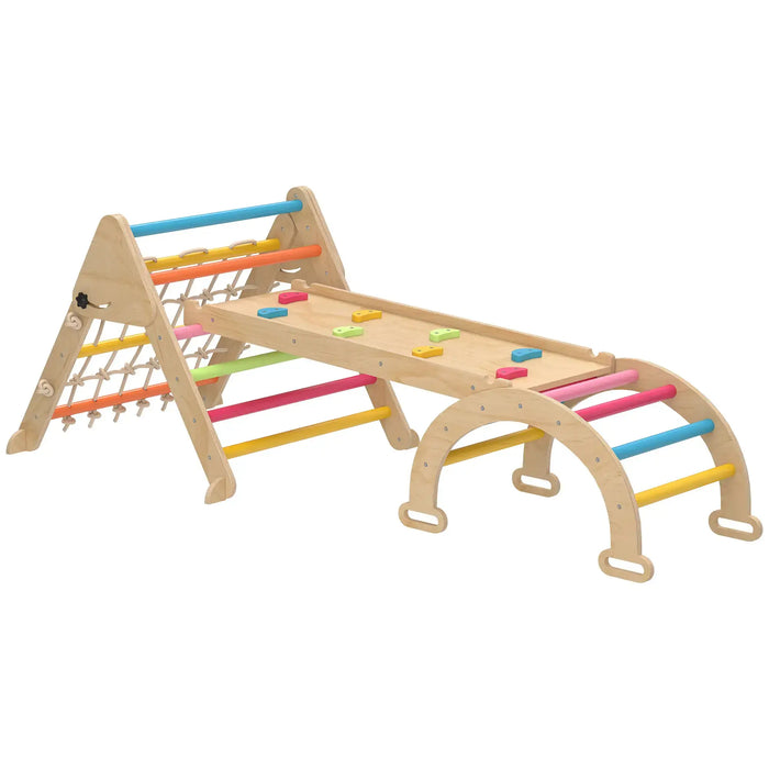 Wooden children's play gym with colorful bars on a white background