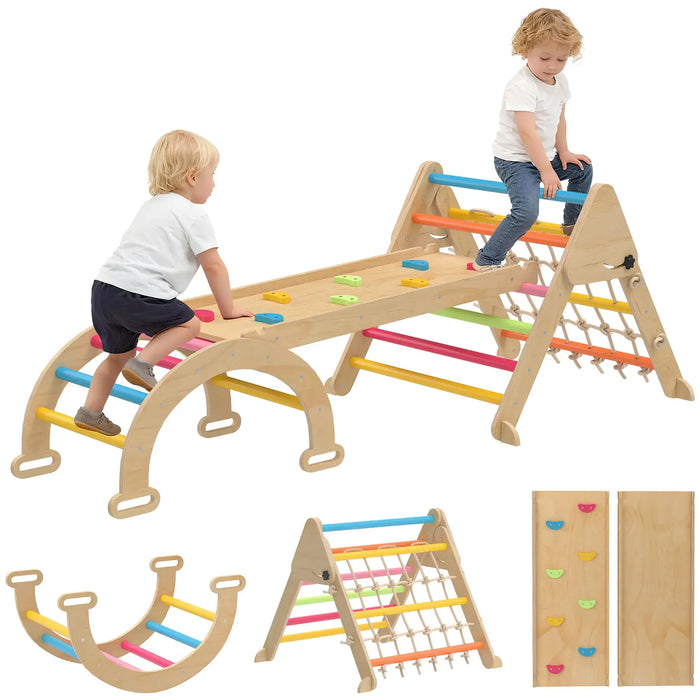 Children playing on a wooden climbing toy with colorful steps and a seesaw.