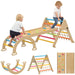 Children playing on a wooden climbing toy with colorful steps and a seesaw.