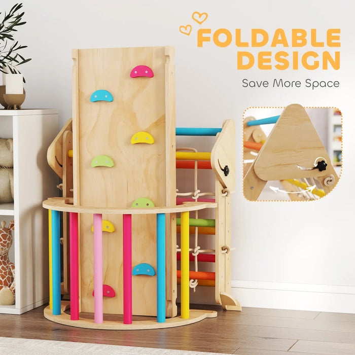 Wooden children's play structure with colorful climbing elements, foldable design highlighted.