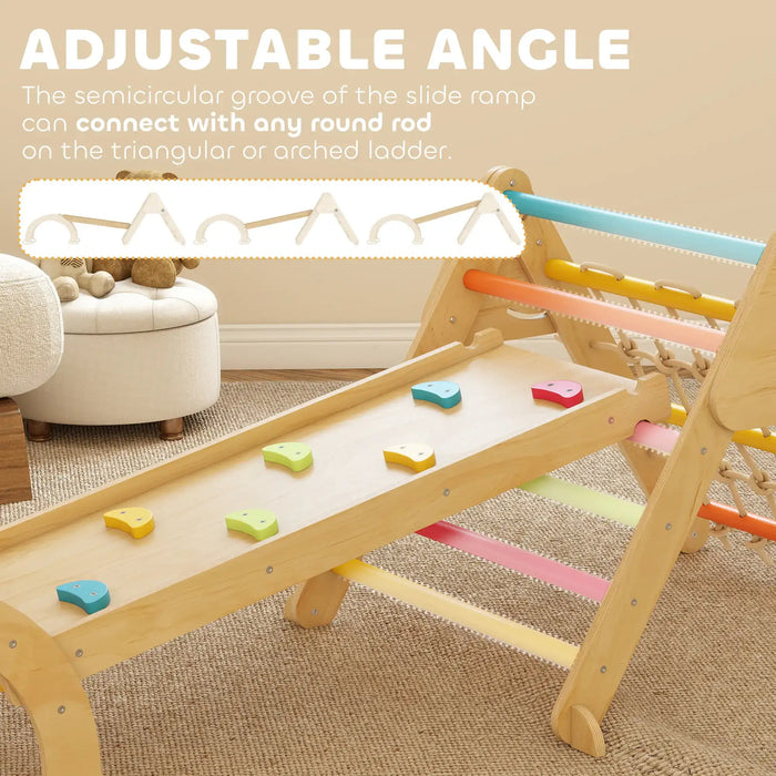 Wooden slide ramp with colorful blocks on a beige carpet, featuring adjustable angle text.