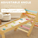 Wooden slide ramp with colorful blocks on a beige carpet, featuring adjustable angle text.