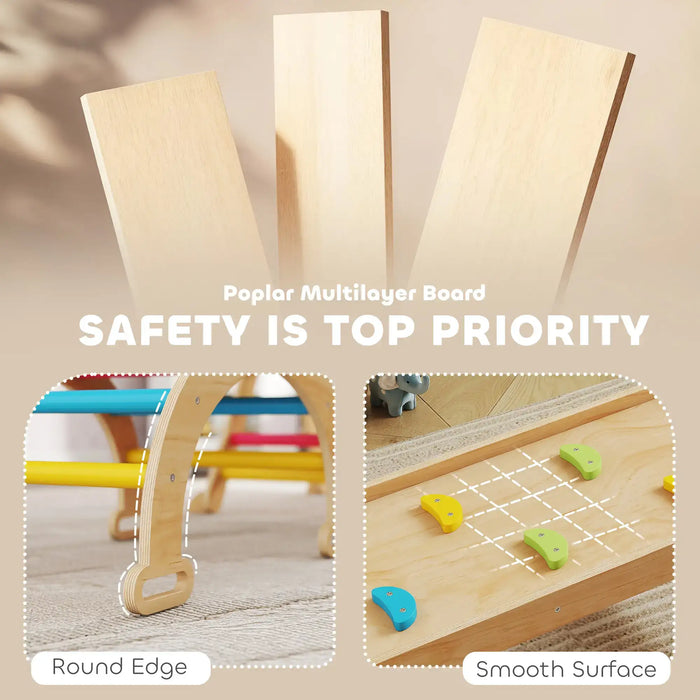 Wooden educational toy with safety features highlighted on a neutral background