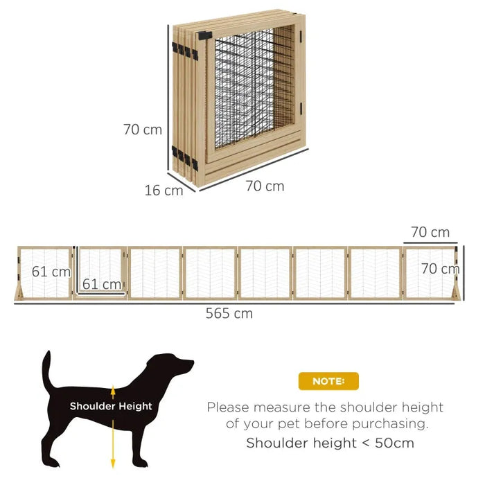 8 Panel Foldable Pet Gate with Support Feet in Natural Wood - Little and Giant Explorers PawHut