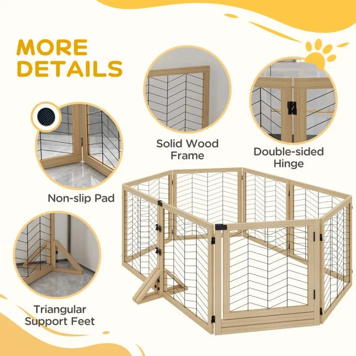 8 Panel Foldable Pet Gate with Support Feet in Natural Wood - Little and Giant Explorers PawHut