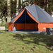 8-person family tipi tent in grey and orange with E-port set up outdoors in forest