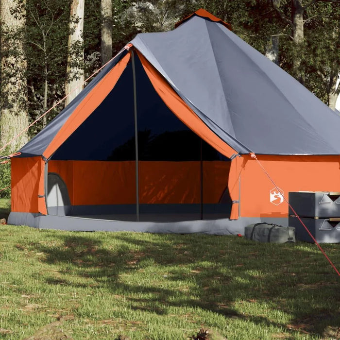 Grey and orange 8-person tipi family tent with E-port on grass, modern outdoor camping design