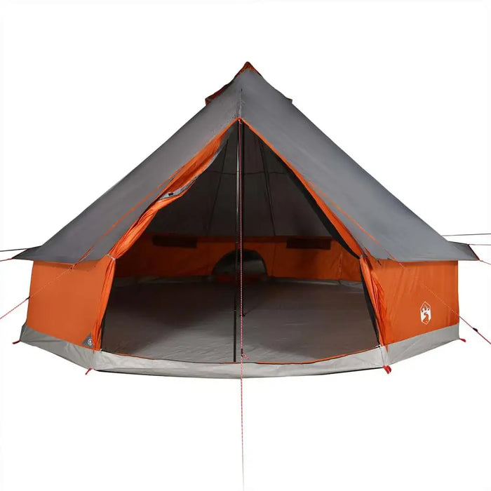 8-person tipi family tent in grey and orange with open door and modern design features