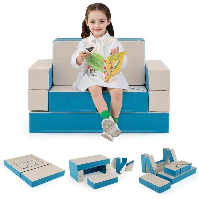 8-Piece Kids Foam Play Couch – Blue | Convertible Sofa, Bed, Table and Chair Set COSTWAY - Little and Giant Explorers Costway