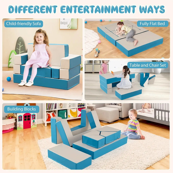 8-Piece Kids Foam Play Couch – Blue | Convertible Sofa, Bed, Table and Chair Set COSTWAY - Little and Giant Explorers Costway