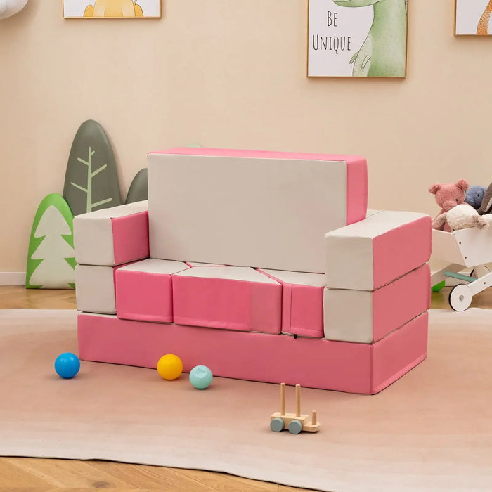 8-Piece Kids Foam Play Couch – Pink | Convertible Sofa, Bed, Table and Chair Set COSTWAY - Little and Giant Explorers Costway