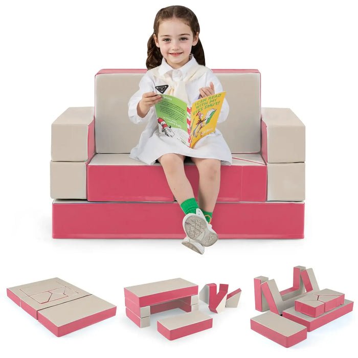 8-Piece Kids Foam Play Couch – Pink | Convertible Sofa, Bed, Table and Chair Set COSTWAY - Little and Giant Explorers Costway