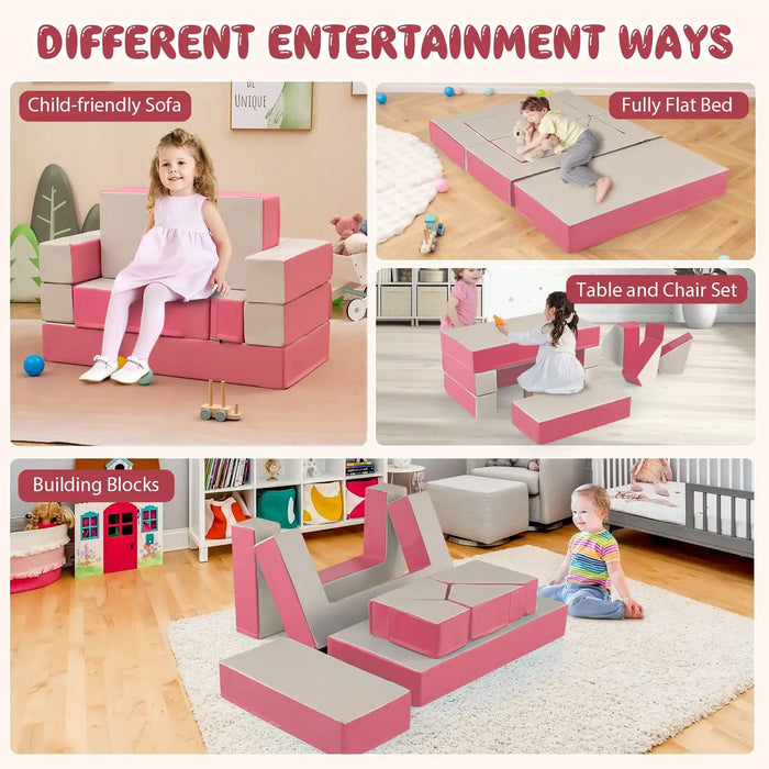 8-Piece Kids Foam Play Couch – Pink | Convertible Sofa, Bed, Table and Chair Set COSTWAY - Little and Giant Explorers Costway
