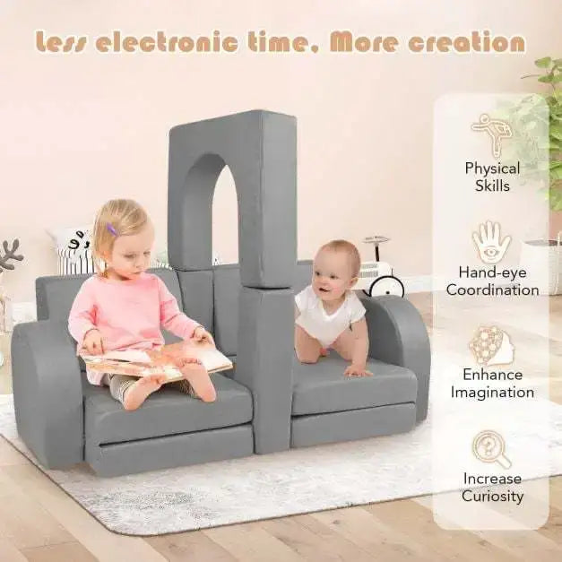 8-Piece Modular Kids Play Couch - Grey | Machine-Washable Covers COSTWAY - Little and Giant Explorers Costway