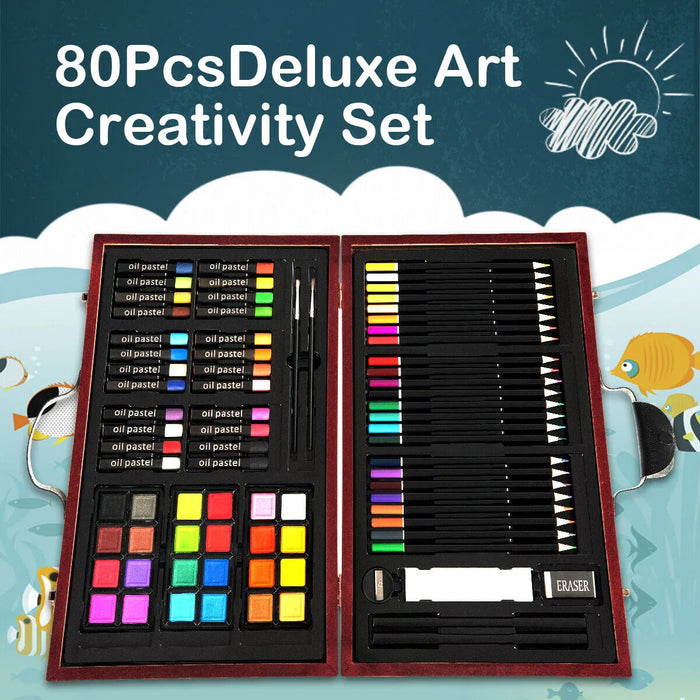 80-Piece Deluxe Art Set with Wooden Case for Beginners - Little and Giant Explorers Costway