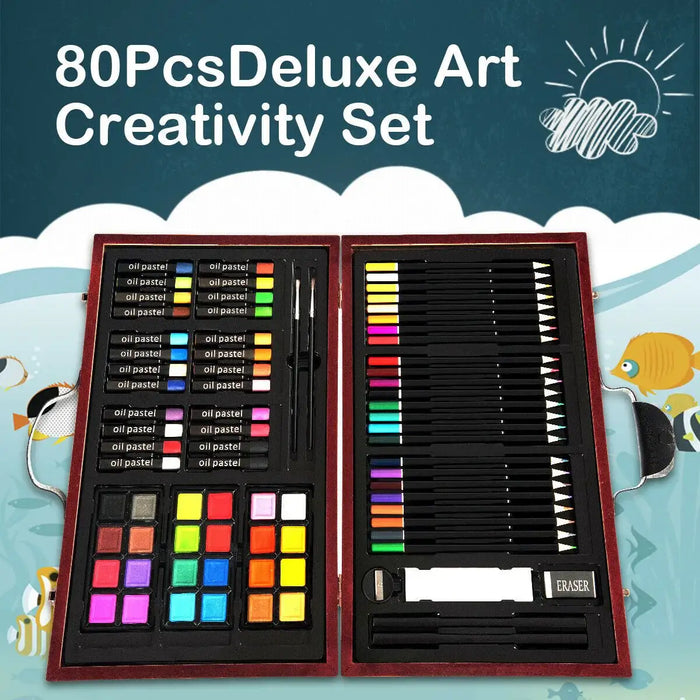 80-Piece Premium Wooden Art Set - Watercolour, Oil Pastels, Coloured Pencils | All Skill Levels COSTWAY - Little and Giant Explorers Costway