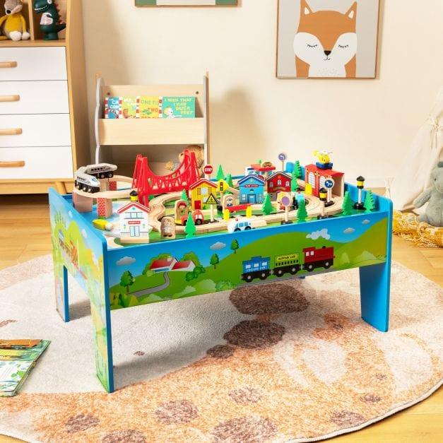 80 Piece Wooden Train Table Set with Reversible Table Top - Little and Giant Explorers Costway