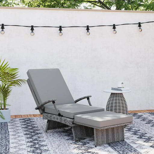 80° Reclining Rattan Lounger in Grey with Cushions - Little and Giant Explorers Outsunny