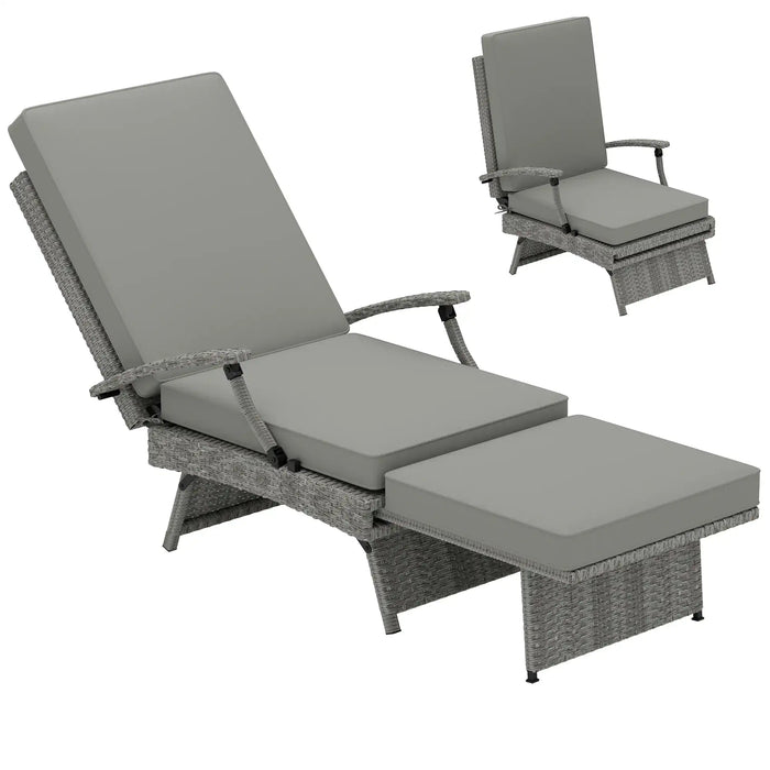 80° Reclining Rattan Lounger in Grey with Cushions - Little and Giant Explorers Outsunny