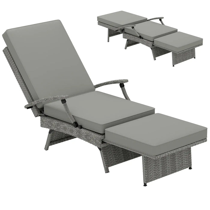 80° Reclining Rattan Lounger in Grey with Cushions - Little and Giant Explorers Outsunny