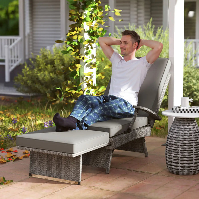 80° Reclining Rattan Lounger in Grey with Cushions - Little and Giant Explorers Outsunny
