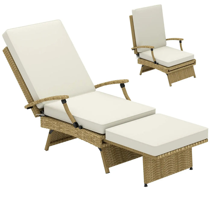 80° Reclining Rattan Lounger in White/Beige with Cushions - Little and Giant Explorers Outsunny