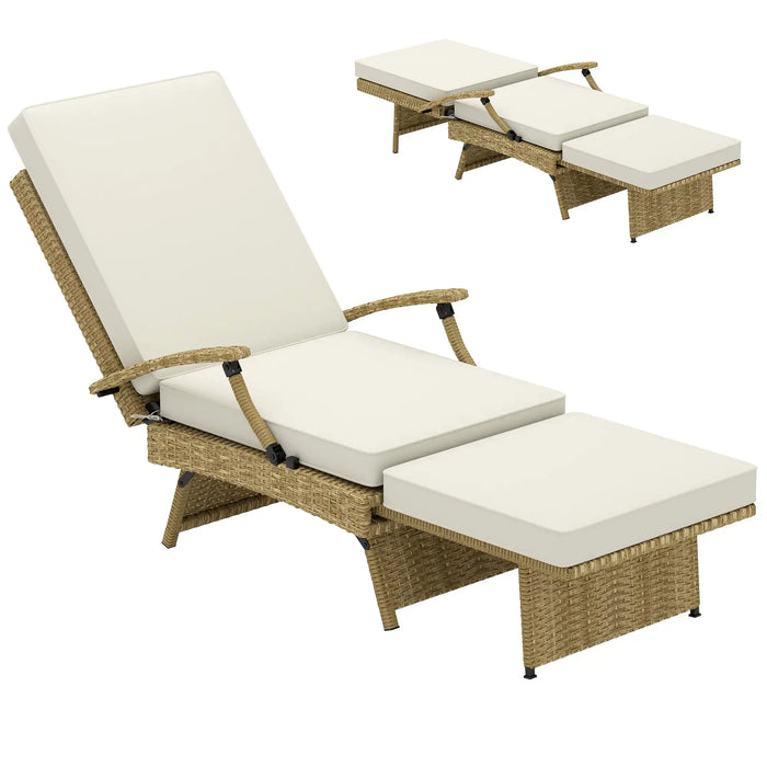80° Reclining Rattan Lounger in White/Beige with Cushions - Little and Giant Explorers Outsunny
