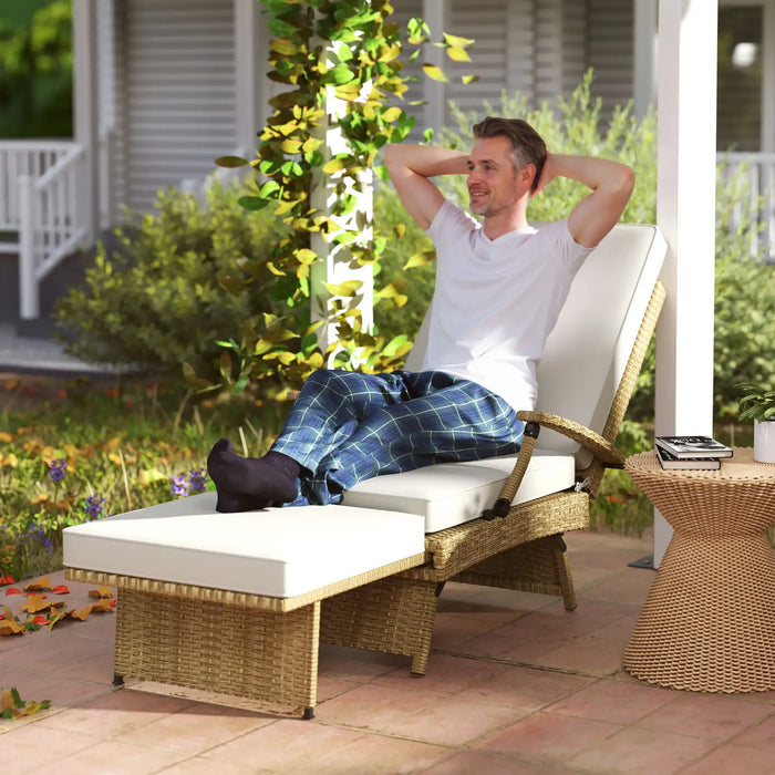80° Reclining Rattan Lounger in White/Beige with Cushions - Little and Giant Explorers Outsunny