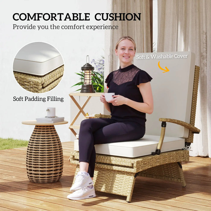 80° Reclining Rattan Lounger in White/Beige with Cushions - Little and Giant Explorers Outsunny
