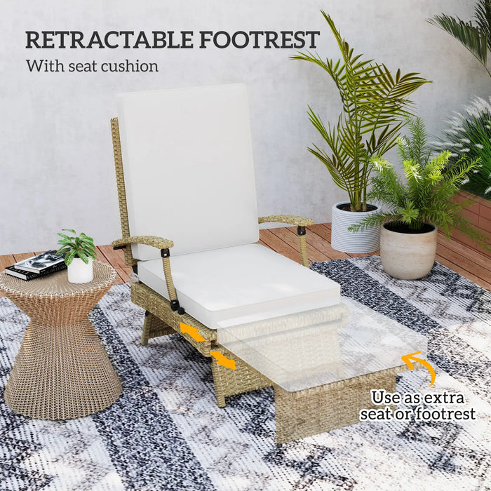 80° Reclining Rattan Lounger in White/Beige with Cushions - Little and Giant Explorers Outsunny