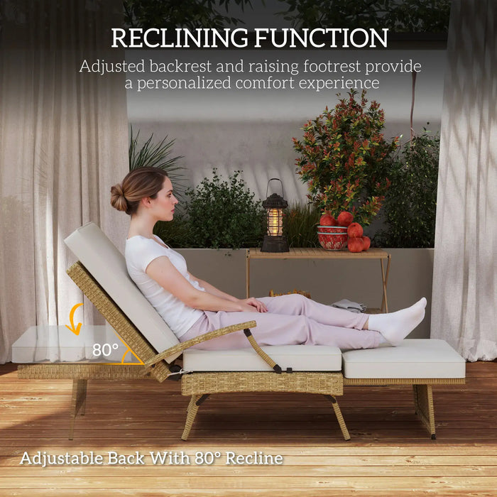 80° Reclining Rattan Lounger in White/Beige with Cushions - Little and Giant Explorers Outsunny