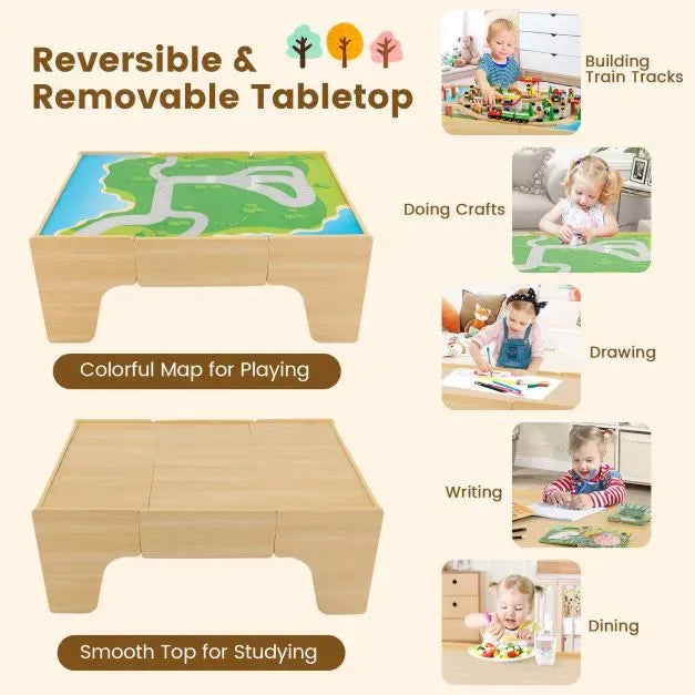 84 Piece Wooden Train Set with Reversible and Detachable Tabletop - Little and Giant Explorers Costway